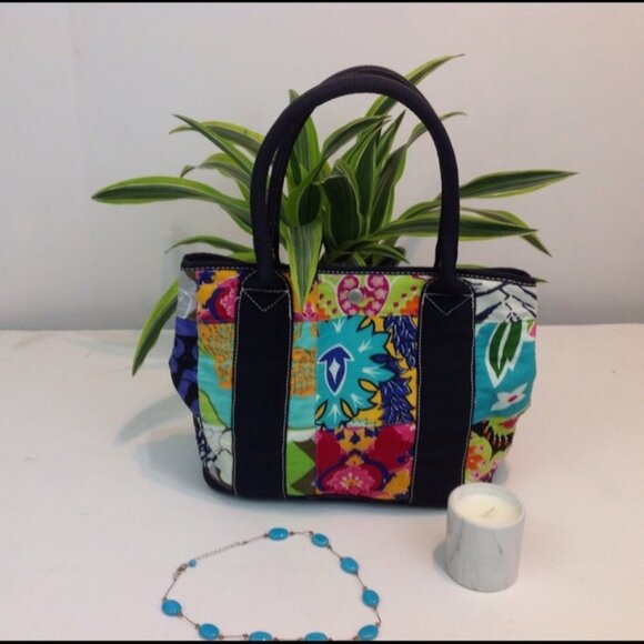 J.CREW Handbag - Colorful Tote -Navy Blue Handles - Cotton Like New Bag - Clean - Picture 4 of 6